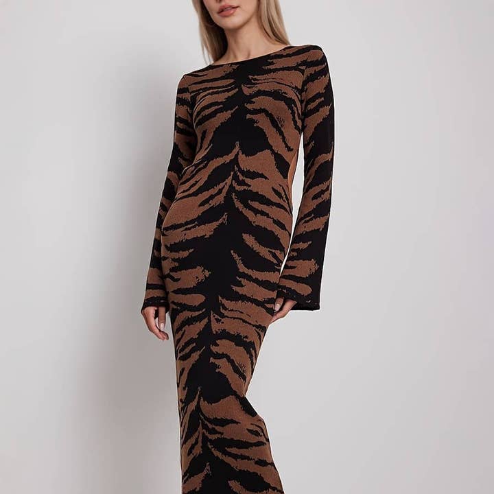 Leopard Print Waist Cut-out Ribbed Knit Maxi Dress for wholesale by BELLISSIMA FASHION