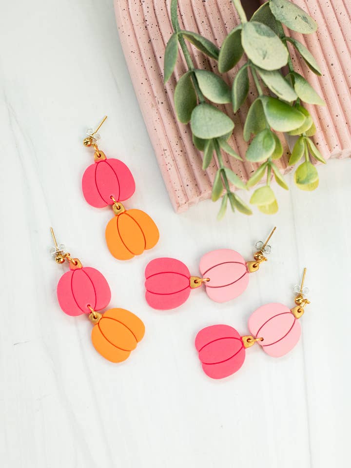 Pink Pumpkin Dangles - 18k Plating - Fall Earrings for wholesale by EJ Clay Co