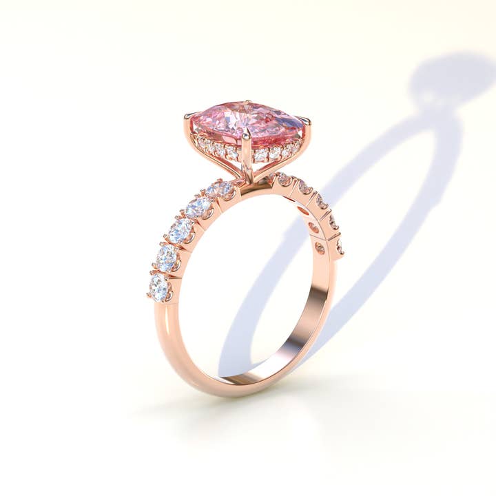 Mohana Jewels - Luxury - Vendita all'ingrosso Anelli di fidanzamento - Anello con diamante da laboratorio taglio ovale rosa da 2 carati con halo nascosto e montatura pavé - Resa10