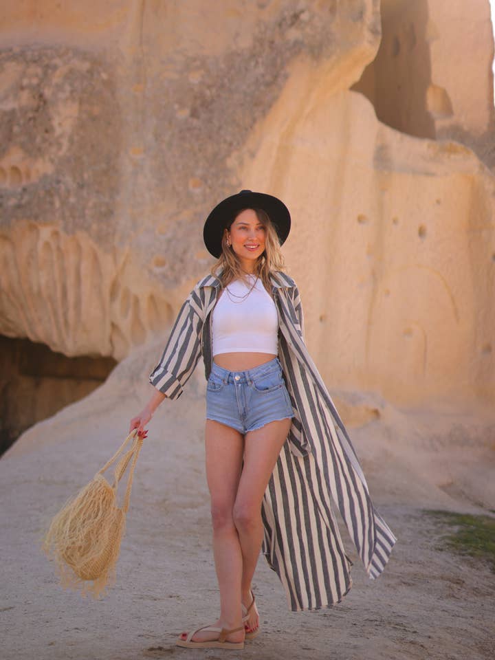 Moa - Wholesale Dress - Women's - Anthracite Striped Long Linen Shirt Dress3