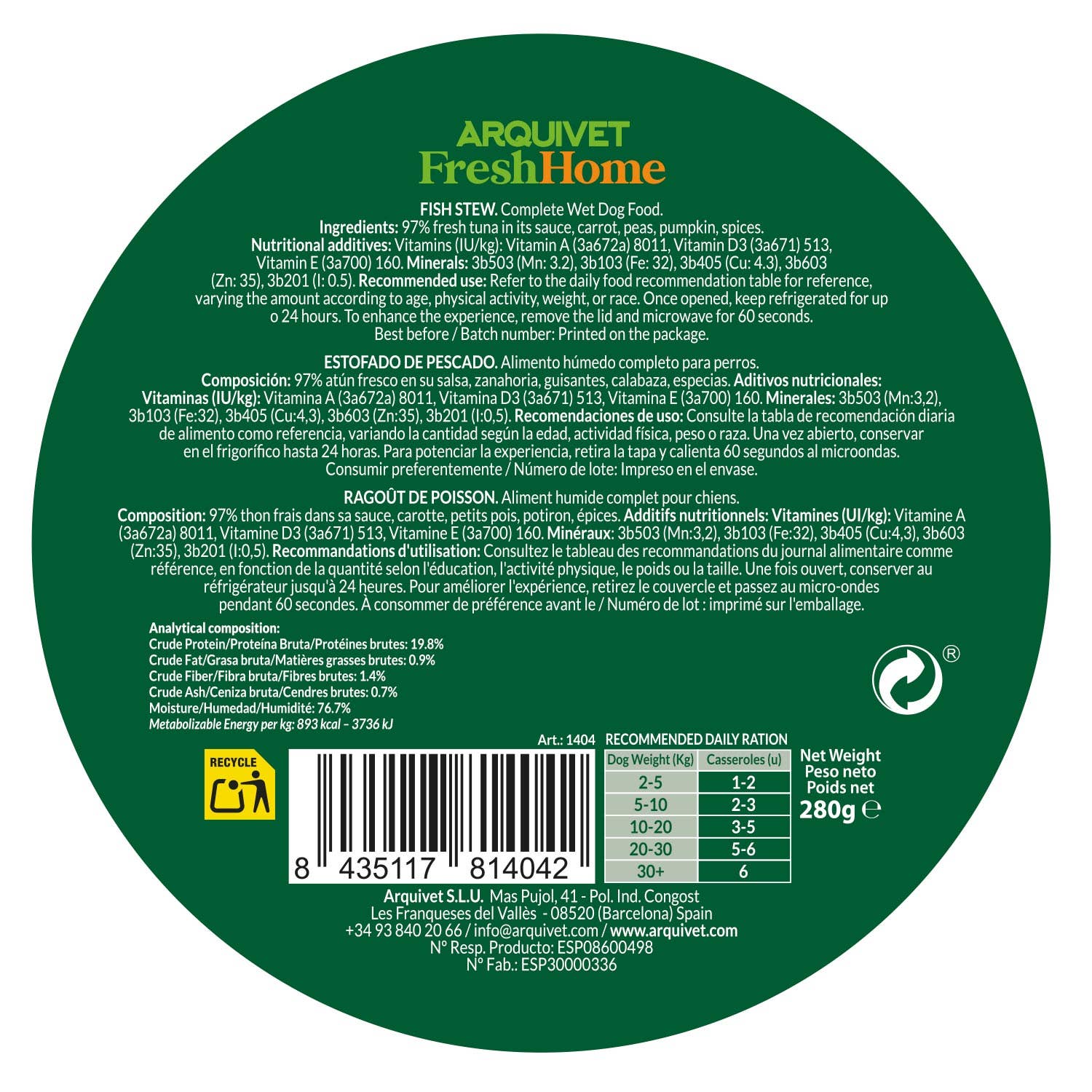 ARQUIVET, S.L.U. - Wholesale Pet Food - Dog - Arquivet Fresh Home Fish Stew 280g3