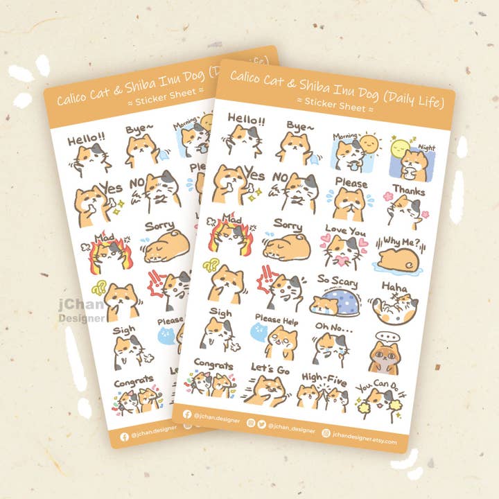 Cute Calico Cat, Shiba Inu Dog Sticker Sheet, Kawaii Cute Kitty, Puppy Daily Life Emoji Expressions, Free Shipping Canada for wholesale by jChan Designer