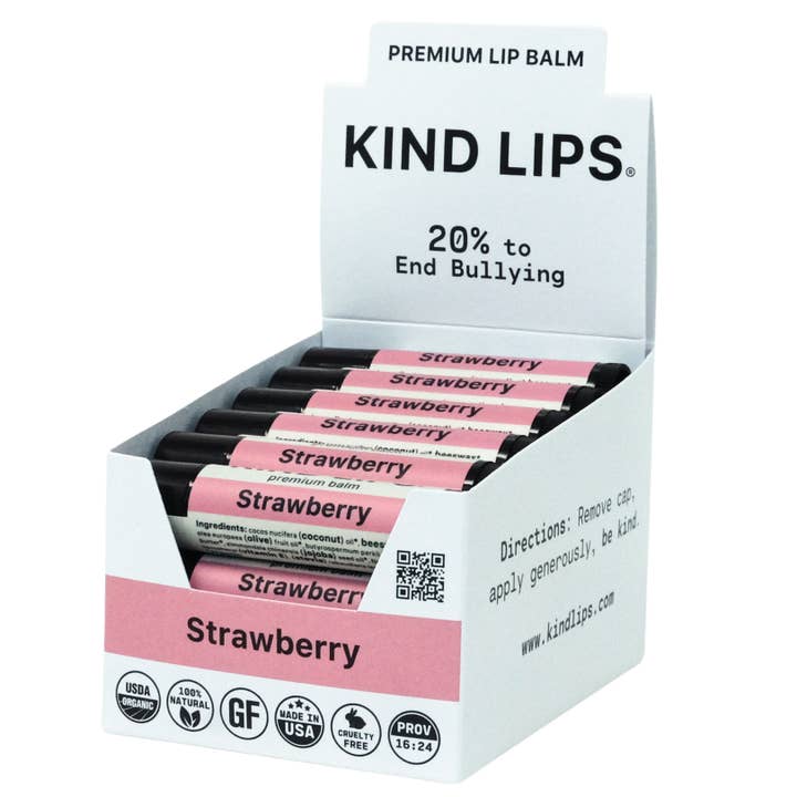 Organic Lip Balm, Strawberry, Kind Lips, 12 Tube Display for wholesale by Kind Lips