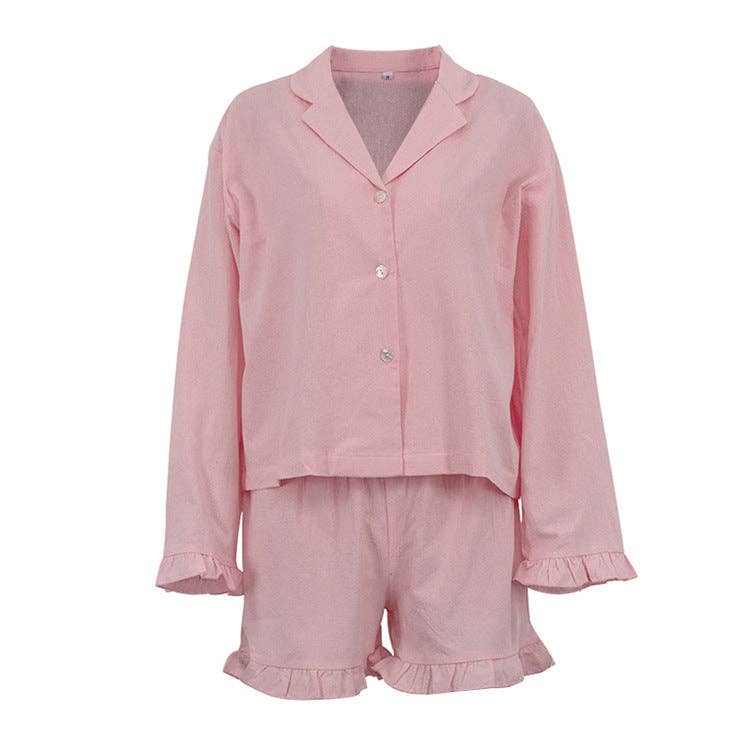 pink Baumwoll-Pyjama-Set mit Spitzenbesatz Damen Pink N5A366 für den Großhandel auf Faire0