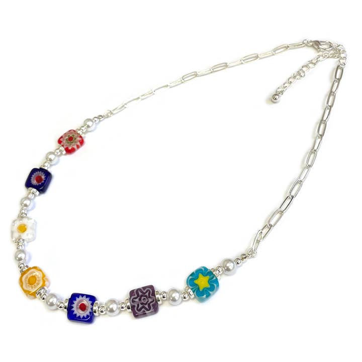 StarryNYC - Wholesale Beaded/Pearl Necklace - Square Millefiori Glass Murano Pearl Beads Necklace4