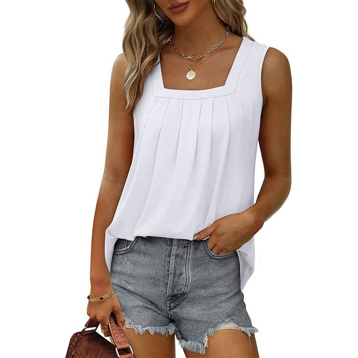 Lovesoft - Wholesale Tank Top - Women's - Ruched Square Neck Sleeveless High-Low Tank Top