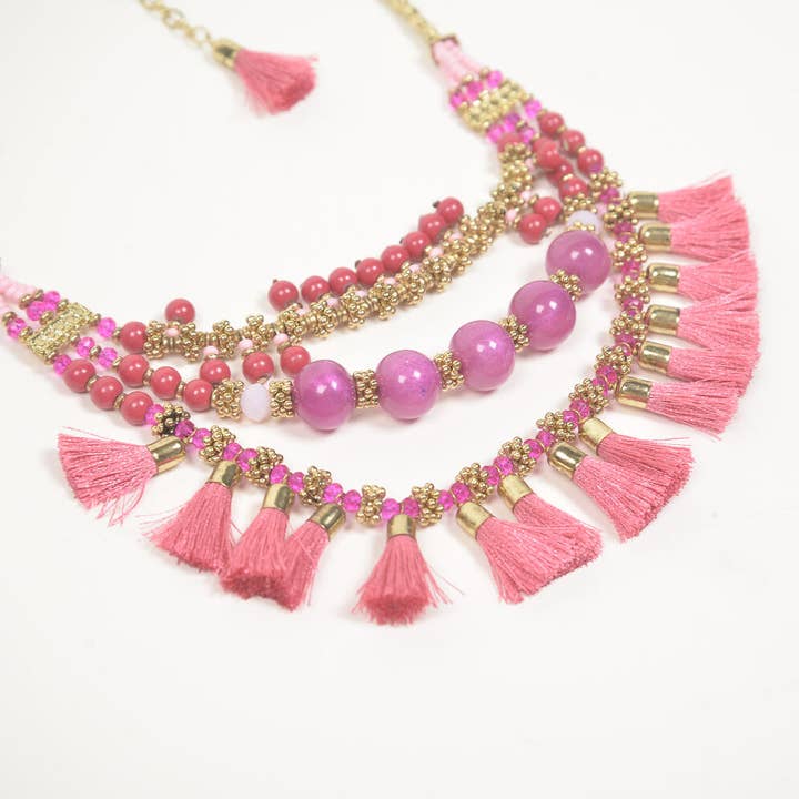 Betty Botanica - Wholesale Beaded/pearl necklace - SALE Bubblegum Pink Beaded Tassel Necklace1
