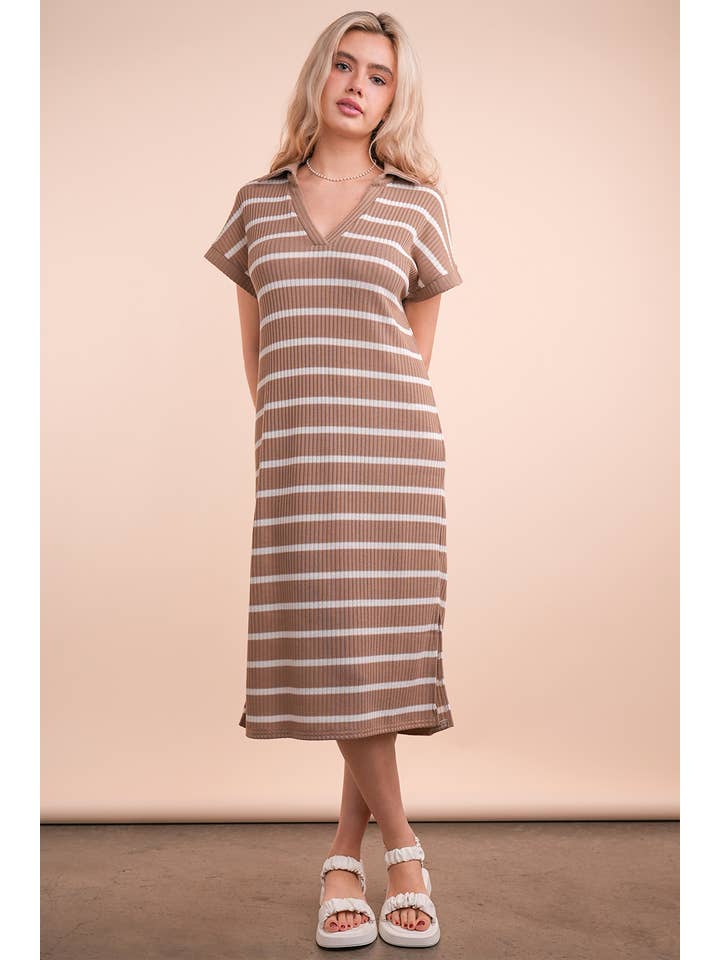 VERY J - Wholesale Dress - Women's - ND31647-Oversized Collared Striped Knit Midi Dress