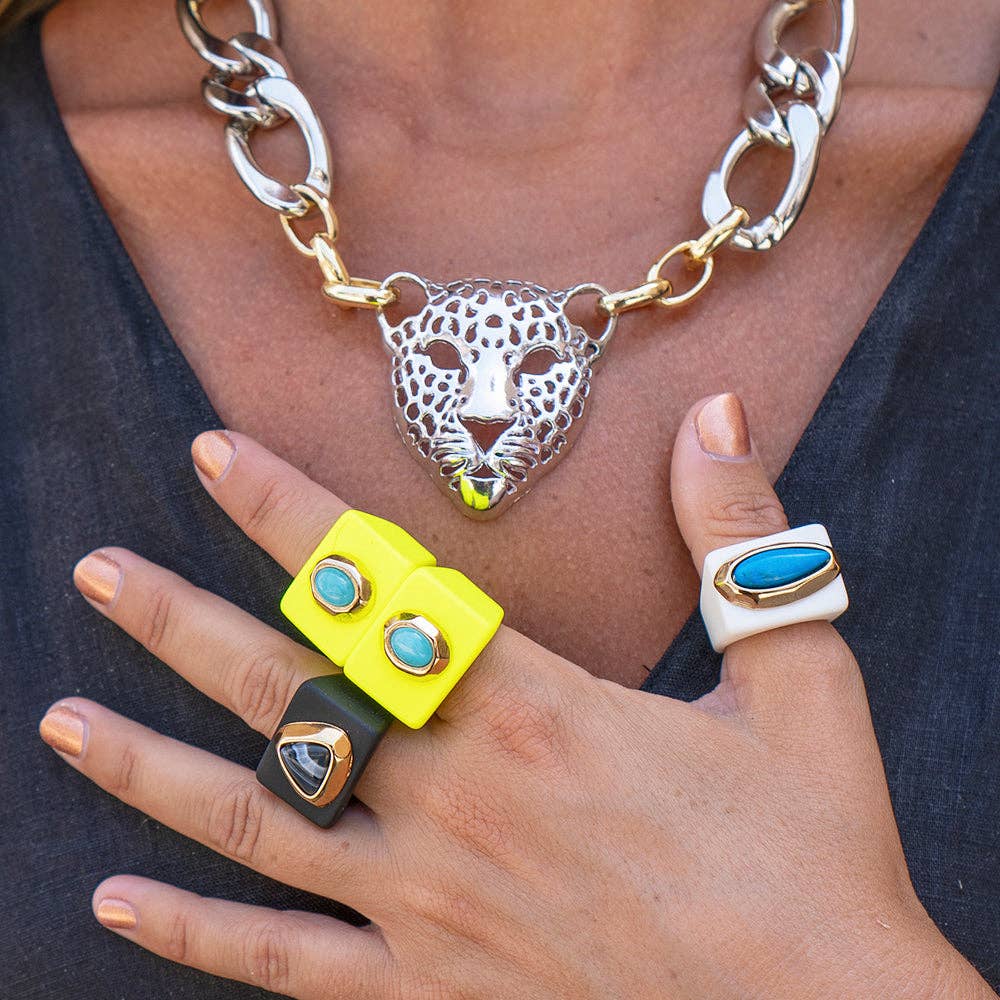 ÉMOLO - Wholesale Cocktail/Statement Ring - Fluor yellow jewelry rings with natural Turquoise stone1