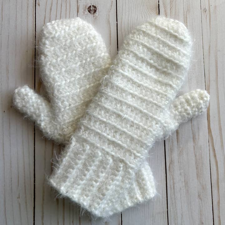 White Handmade Wool Blend Crochet Mittens for wholesale by QuietJoy