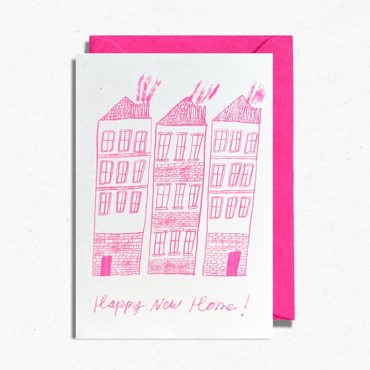 New Home Card | Risograph Printed | Fluorescent Pink Ink for wholesale by Hot Pink Press