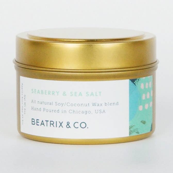 SEABERRY & SEA SALT 4 OZ GOLD CANDLE TIN for wholesale by Beatrix & Co.