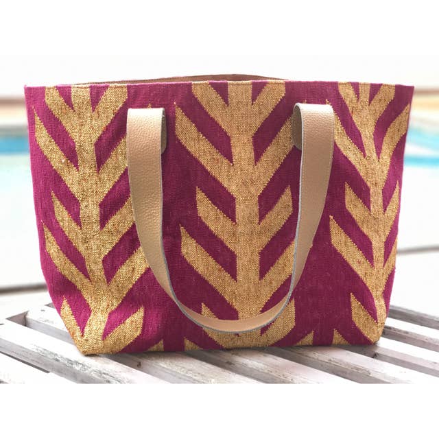 Viajera Designs - Wholesale Tote Bag - Women's - Magenta Gold Tree Leather Bottom Weekender Tote