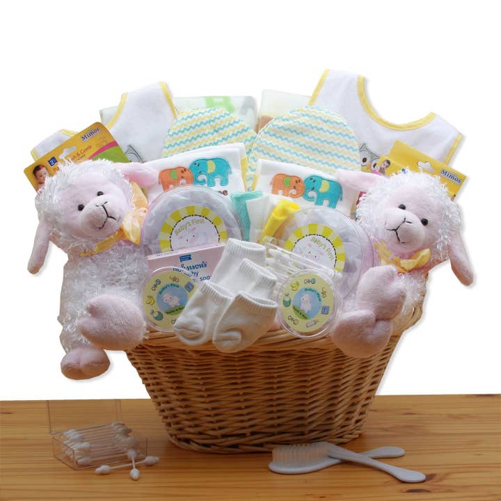 Double Delight Twins New Baby Gift Basket - Yellow for wholesale by Gift Basket Drop Shipping