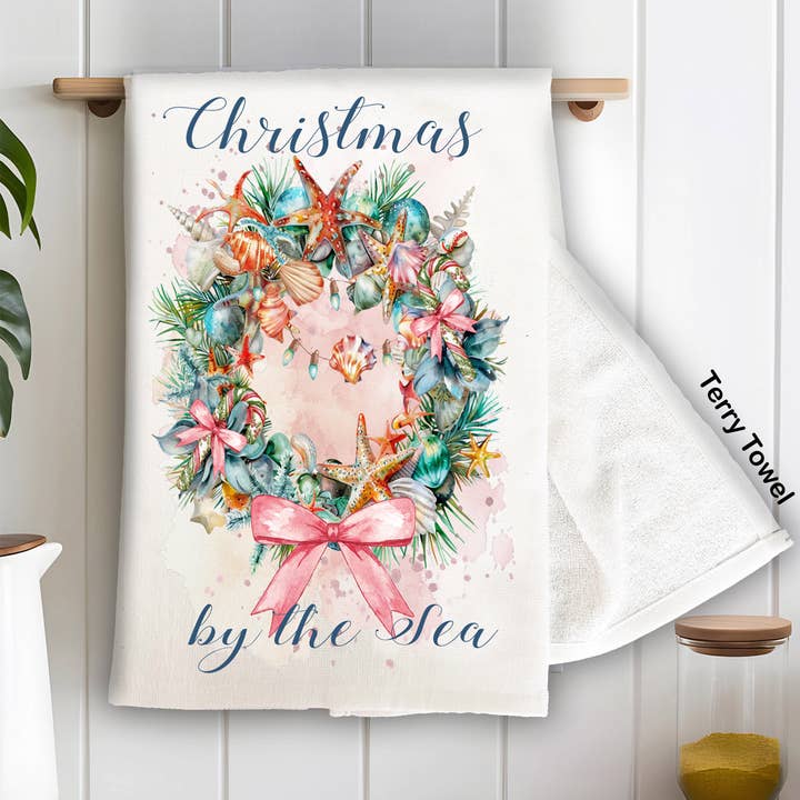 Coastal Christmas by the Sea Kitchen Terry Towel for wholesale by Avery Lane Gifts