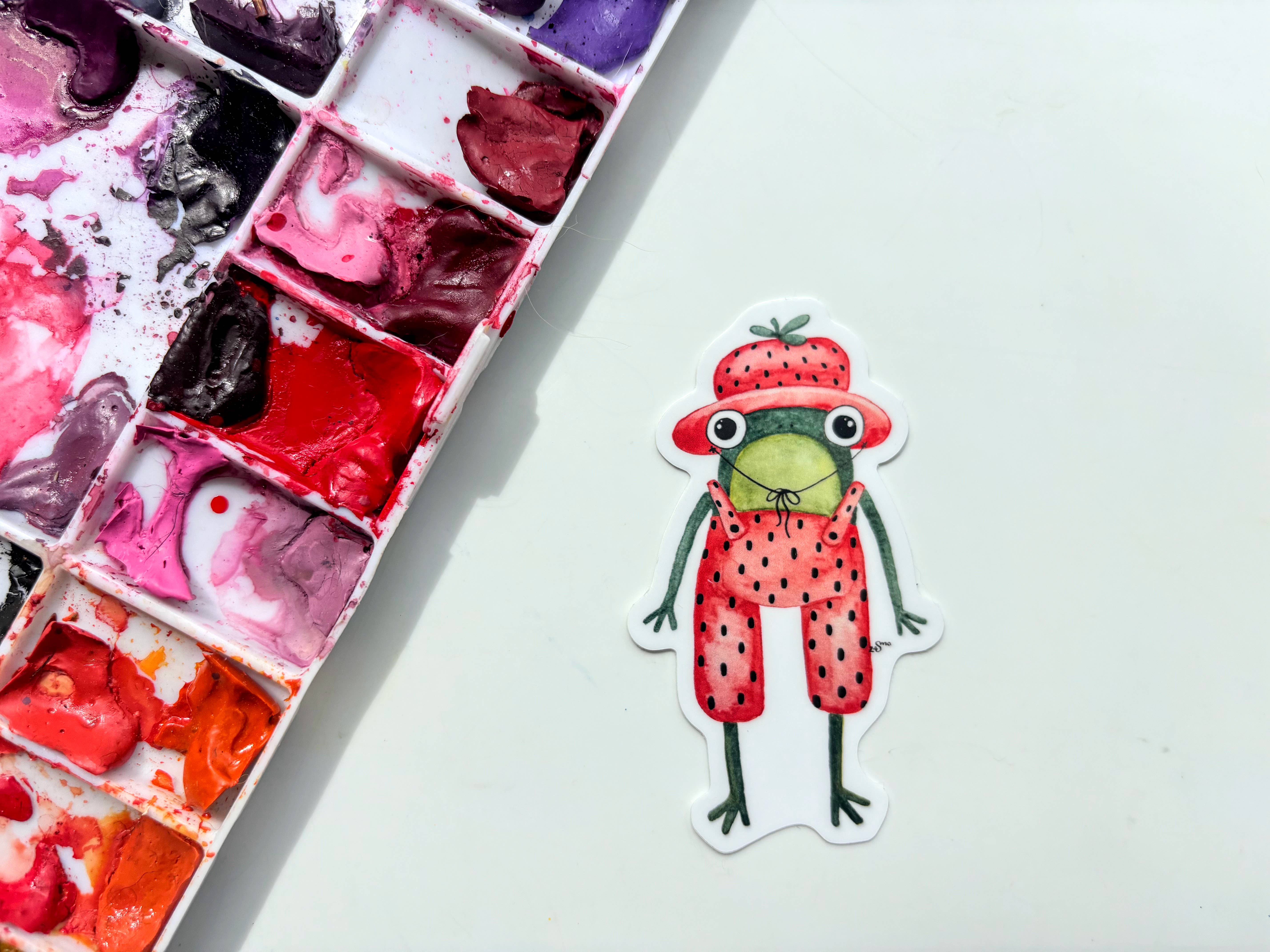 Owlfeathers Watercolor - Wholesale Sticker - Strawberry Frog in Clothes Vinyl Sticker - Cottagecore Frog