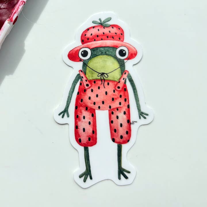 Strawberry Frog in Clothes Vinyl Sticker - Cottagecore Frog for wholesale by Owlfeathers Watercolor