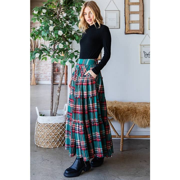 Oli&Hali - Wholesale Skirt - Women's - MINERAL WASHED PLAID TIERED MAXI SKIRT