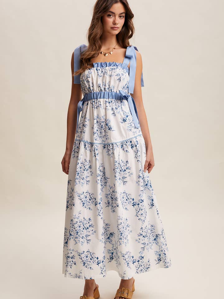 Floral Toile Ribbon Strap Maxi Dress LD1568 for wholesale by Listicle