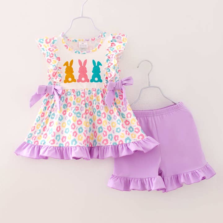 Easter Purple Blue Leopard Bunny Rabbit Ruffle Girl Outfit for wholesale by littleoneusa