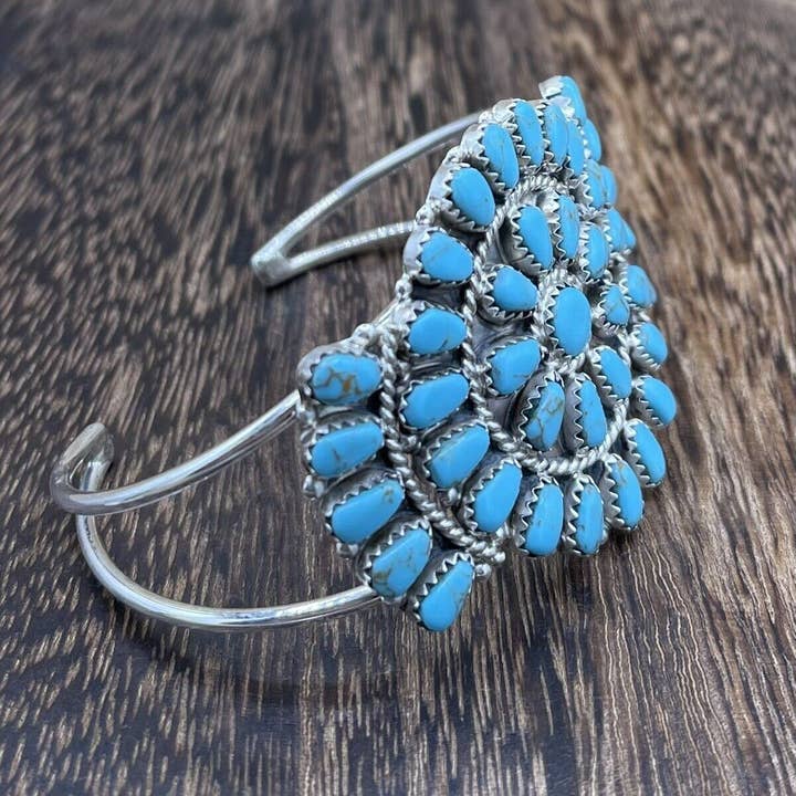 Native City Jewelry - Wholesale Cuff Bracelet - Native American Navajo Handmade Sterling Silver Turquoise Cluster Cuff Bracelet