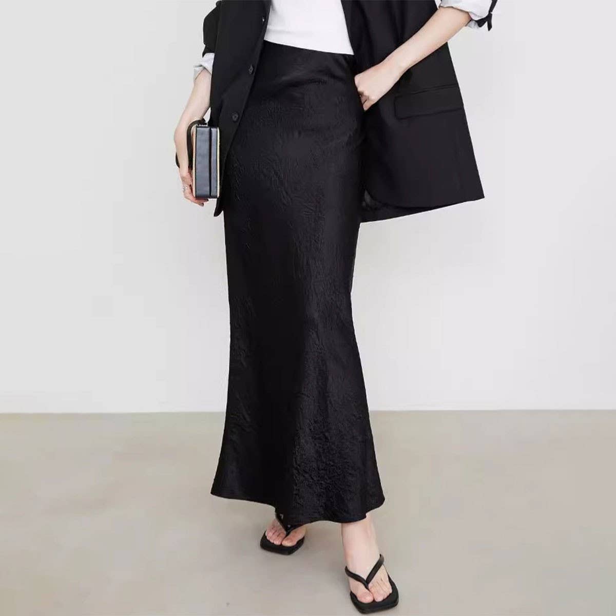 ACCITY - Wholesale Skirt - Women's - SATIN SKIRT HIGH WAIST ELASTIC PATTERN LONG SKIRT_CWBSS03849