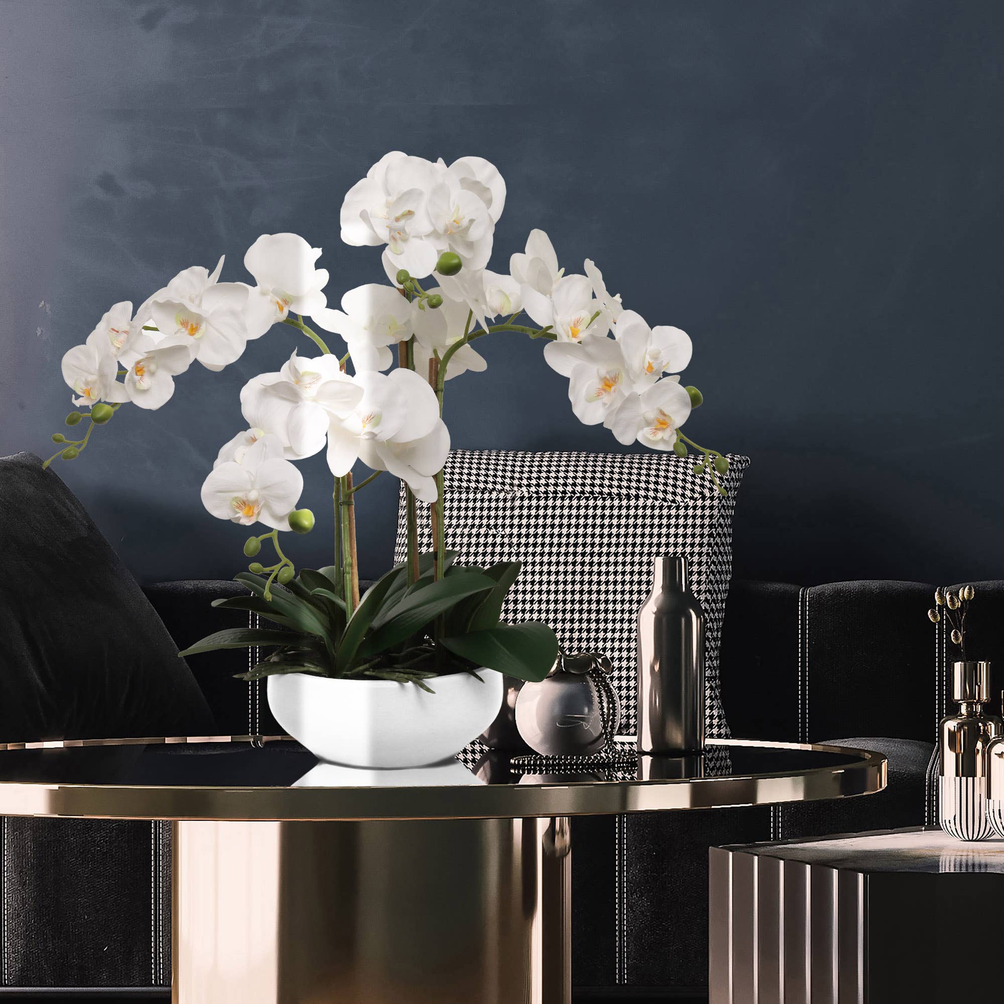 Larksilk – wholesale Artificial flowers – 20" White Phalaenopsis Orchid Flowers In 8" Round White Pot1