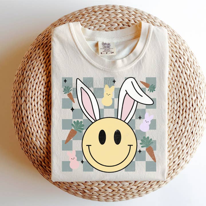 Checkered Smiley Bunny DTF Print for wholesale by Simple Tymes
