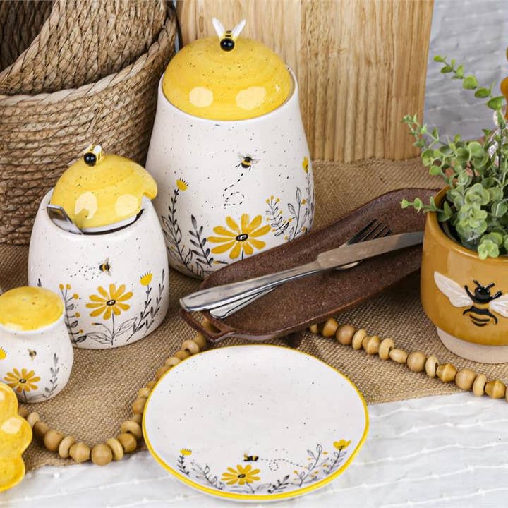 Art & Home - Vente Bocal décoratif - Pot en céramique avec couvercle Bee Garden 7,8"