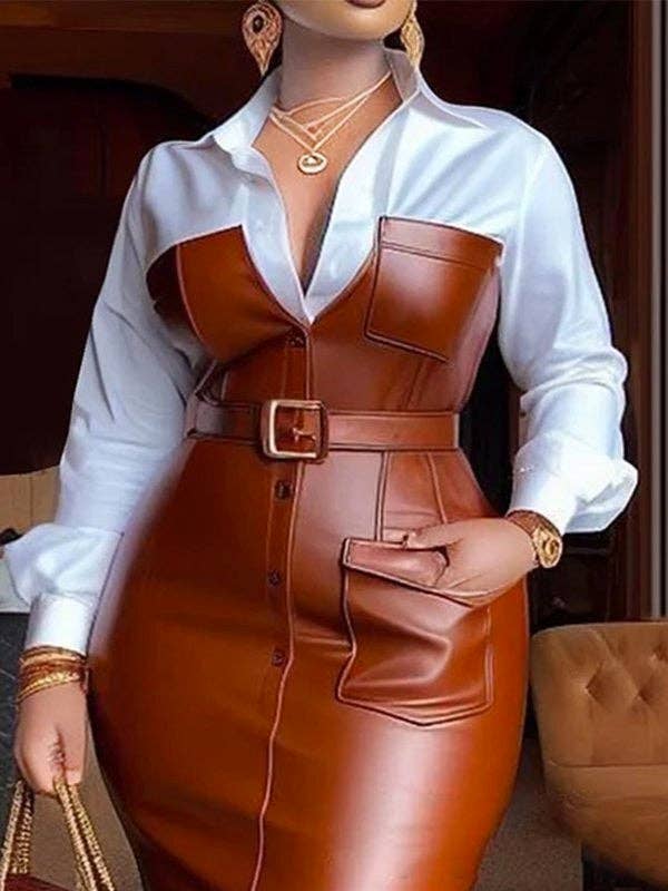 FurDecoration - Wholesale Dress - Women's - Skinny Belted Button Split Lapel Shirt Dress6