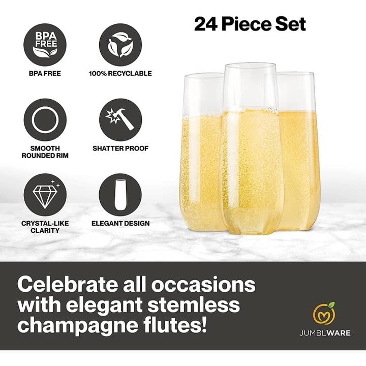 Jumbl - Wholesale Champagne Flute - 24 9-oz. Stemless Disposable Plastic Champagne Flutes, Clear