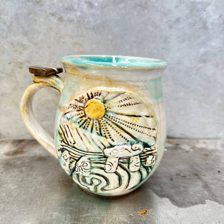 Carys Martin Ceramics - Wholesale Coffee Mug - Standing Stone Sunrise Ammonite Crystal Mug