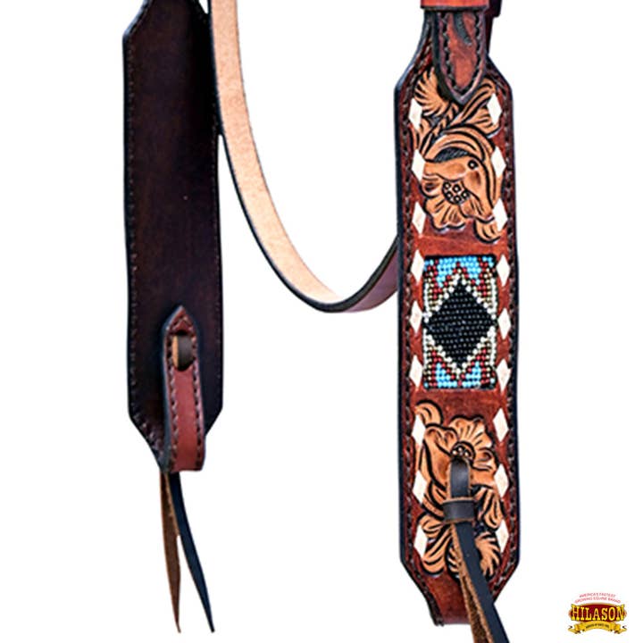 HILASON - Wholesale Horseback Riding Gear - Hilason Horse Floral Hand Carved American Leather Breast Collar Headstall W/ Beaded Work Brown3
