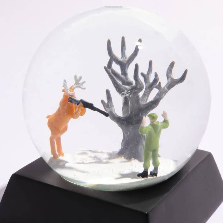 Demented Penguins - Wholesale Snow Globe - "Bambi's Revenge" Snow Globe Deer vs. Hunter Snowglobe2