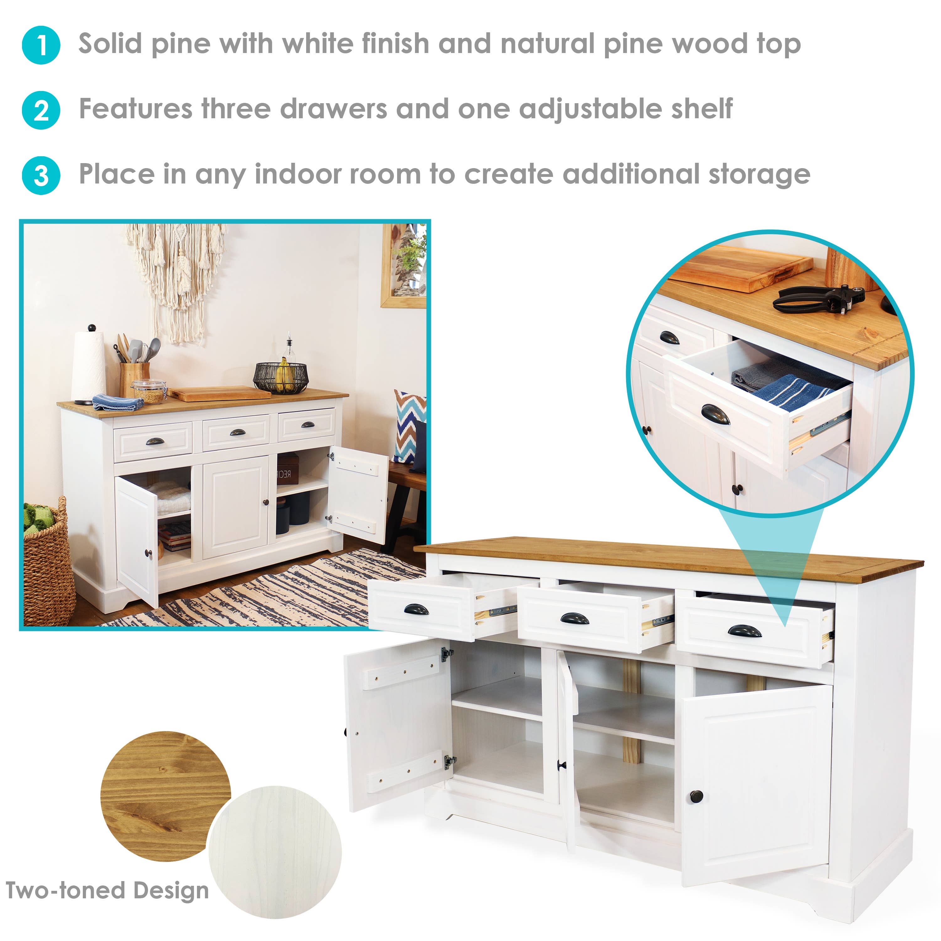 Sunnydaze Decor - Wholesale Sideboard - Solid Pine Sideboard with 3 Drawers and 3 Doors - White2