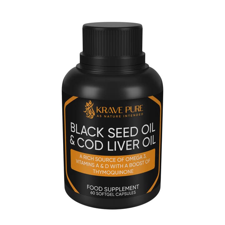 60 Softgel Black Seed & Cod Liver Oil Capsules for wholesale by Krave Pure