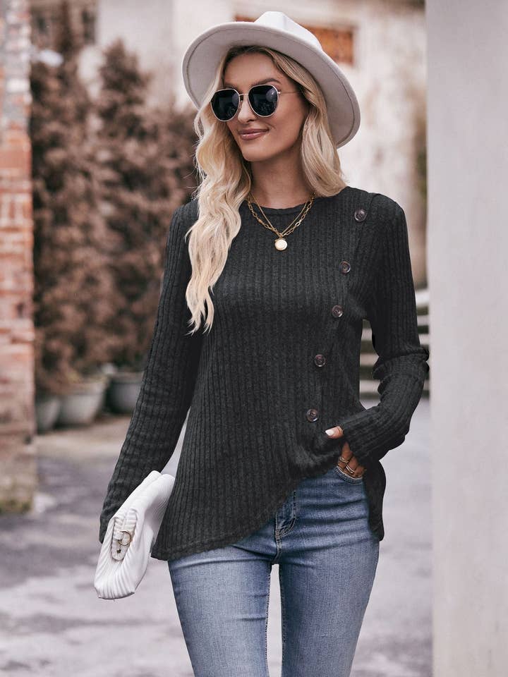 Lovesoft - Wholesale Knit Top - Women's - Round Neck Pit Strip Polished Tulip Hem Solid Color Button T-shirt8