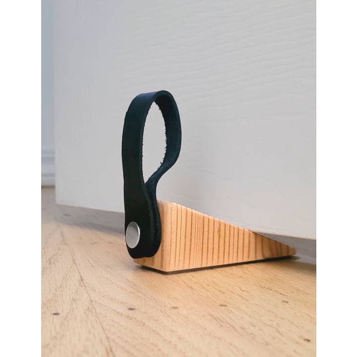 normal Behaviour - Wholesale Door Stop - Wooden Door Stop Wedge w/ leather hanging strap and antiskid