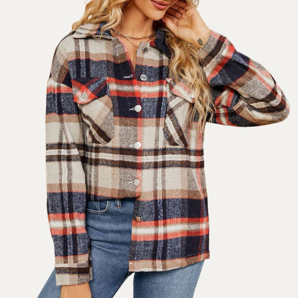 The Moment Collection – wholesale Shirt Jacket/Shacket - Women’s – Never Outdated Multicolor Plaid Pattern Button-Up Shacket6