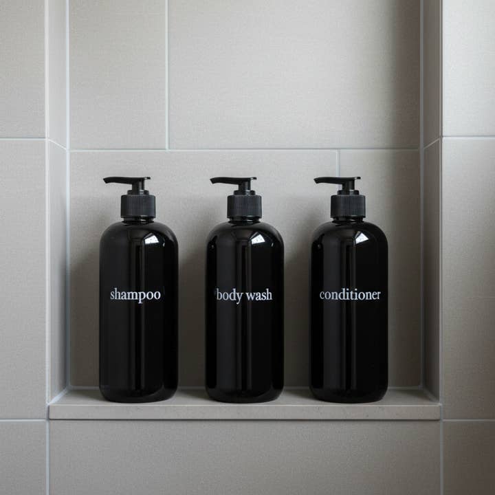 Joie Designs Co. | Refillable Bottles - Wholesale Soap Dispenser - Black Shampoo Dispenser Sets | Black Bottles | Bamboo or Black Plastic Pumps4