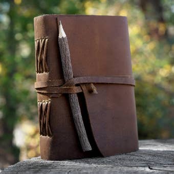 Backwoods Provisions - Wholesale Journal/Diary - Genuine Leather Journal with Antiqued Handmade Pages, Leather Strip Closure, and Wooden Pencil