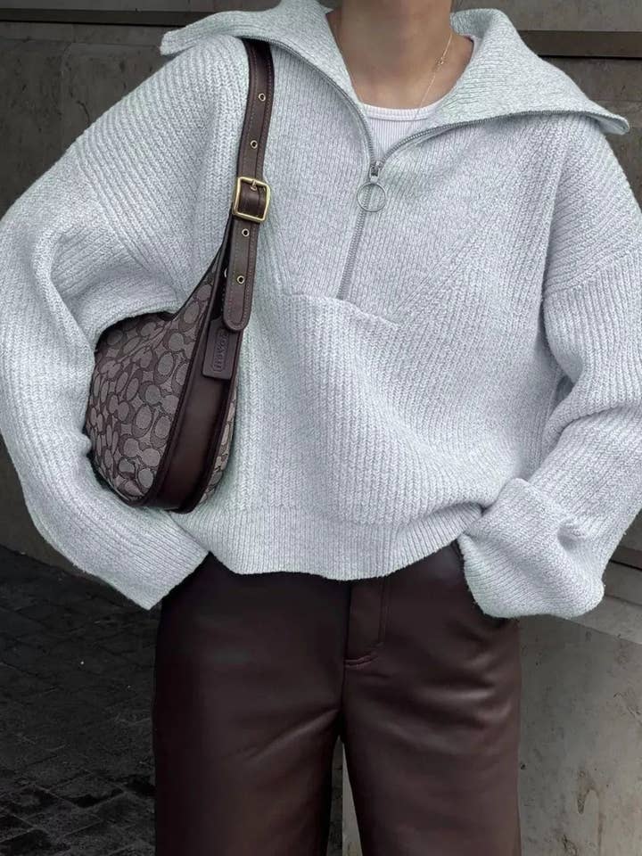 Half Zip Dropped Shoulder Sweater for wholesale by Beyond Apparel