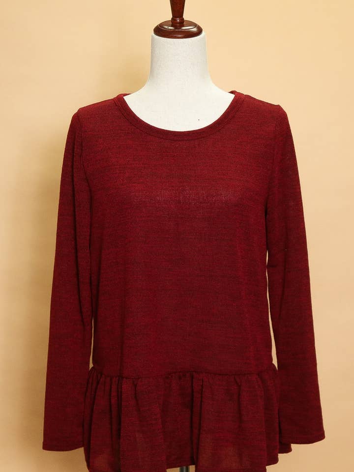 Blusa bordeaux con bordo increspato in melange per la vendita all'ingrosso da parte di Promenade