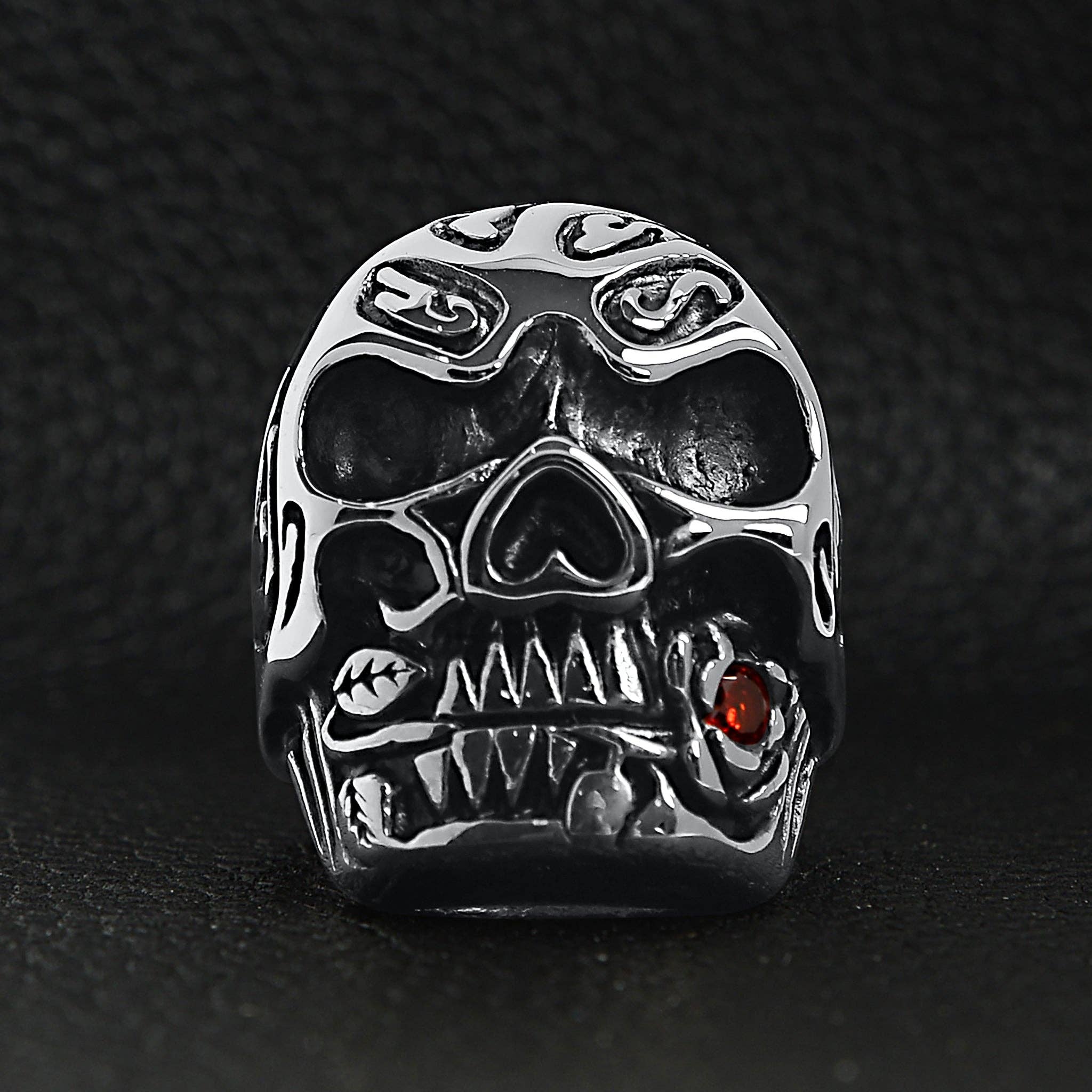 WJW – wholesale Cocktail/statement ring – Stainless Steel Skull Biting a Red CZ Accented Rose Ring1