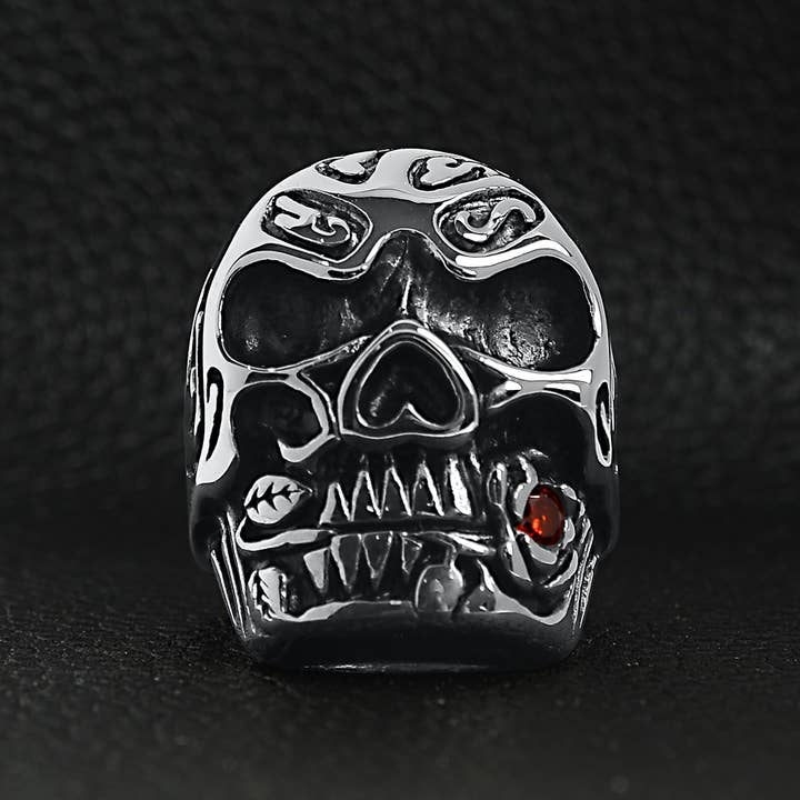 WJW – wholesale Cocktail/statement ring – Stainless Steel Skull Biting a Red CZ Accented Rose Ring1