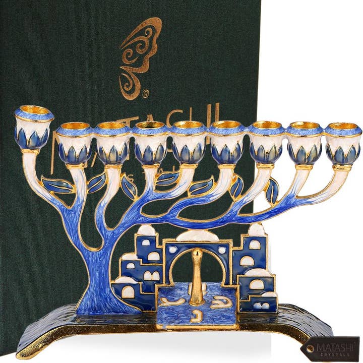 Menorah de Jérusalem bleu Matashi, dreidel, cristaux dorés pour la vente par Matashi