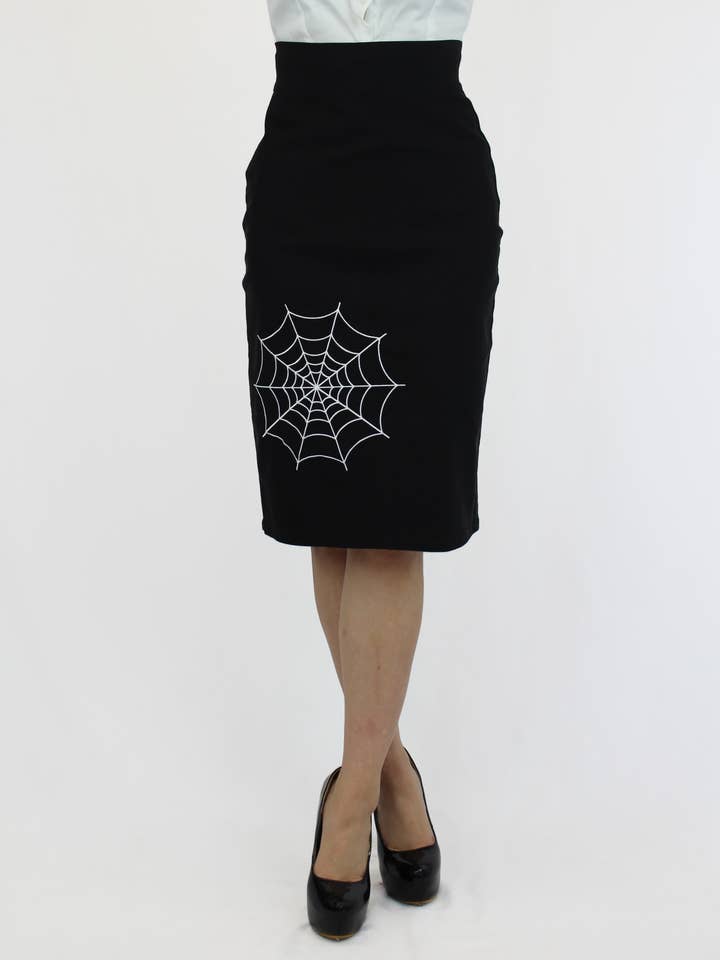 Hemet - Wholesale Skirt - Women's - Spiderweb Embroidered Stretchy Pin Up Black Pencil Skirt