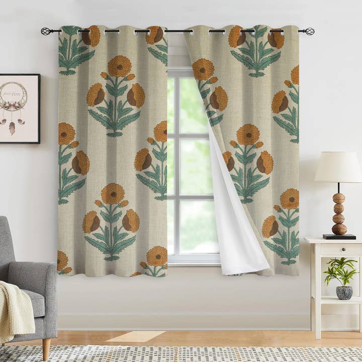 Rideau occultant épais en lin à impression de main - Badshah pour la vente par Fabdivine