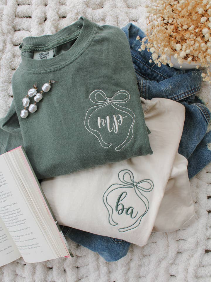 Whimsical Bow with Initials, Embroidered Tee for wholesale by The Southern Post