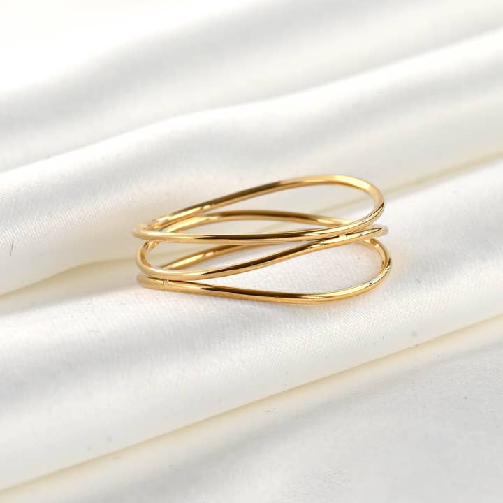 Layered Gold Ring - Waterproof 3 Layered Wave Ring  for wholesale by Blueyejewelry